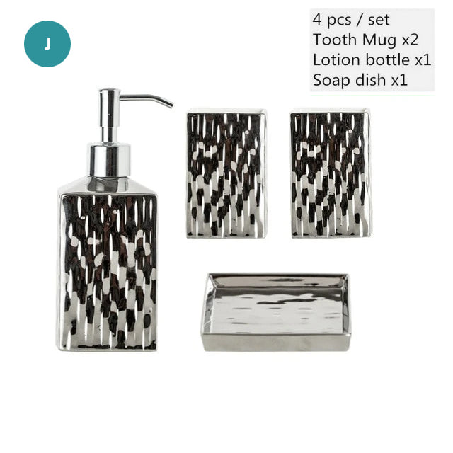 Modern Bathroom Accessories Set Ceramic Golden Or Silver Soap Dish Soap Lotion Dispenser Toothbrush Holder Stylish Makeup Cosmetics Storage Washroom Hardware