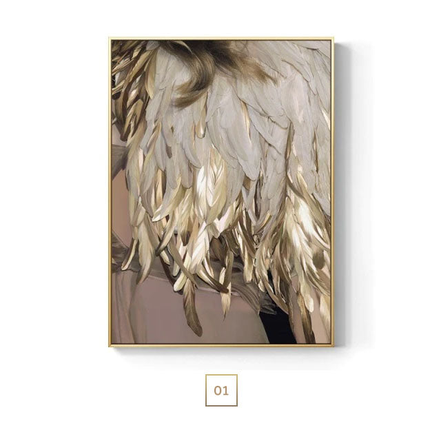Modern Chic Abstract Golden Feathers Wall Art Sea Surf Feathered Wing Fine Art Canvas Print Pictures For Luxury Living Room Bedroom Glam Home Decor