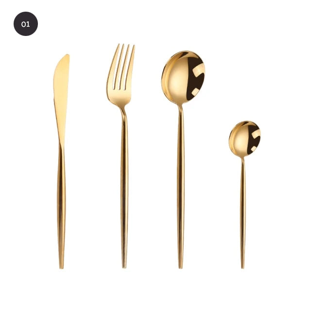Modern Gold Cutlery Set Stainless Steel Tableware Knife Fork Dessert Spoon Teaspoon Dinnerware Contemporary Flatware Essential Designer Kitchen Accessories