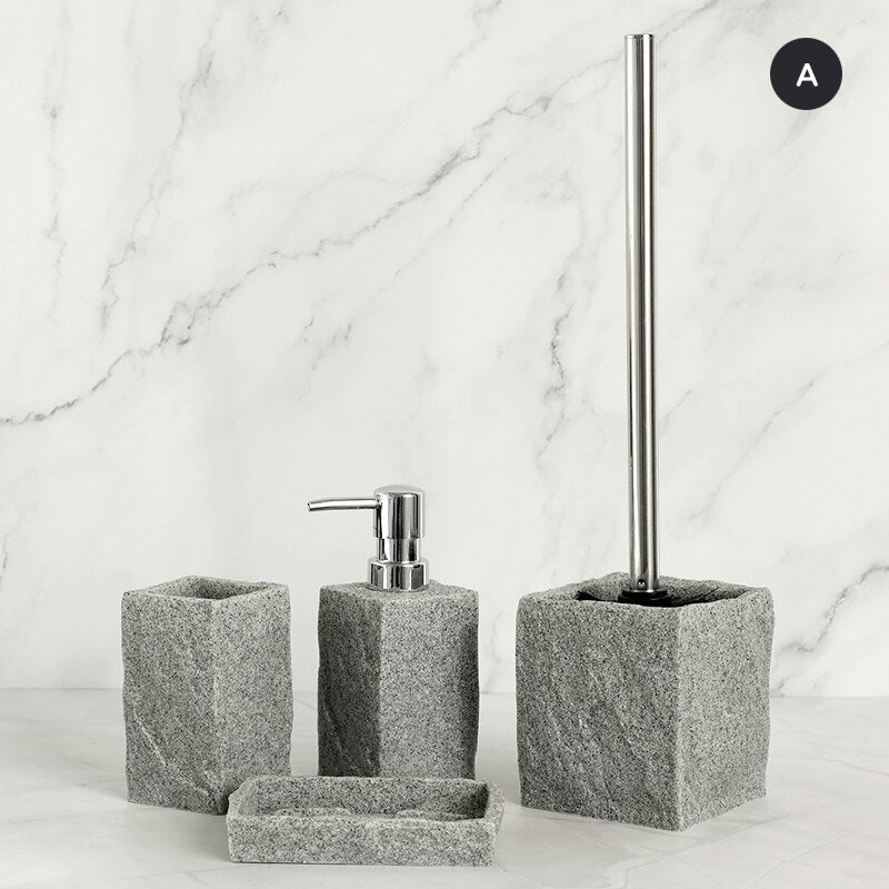 Modern Gray Resin Granite Block Bathroom Accessories Toothbrush Holder Liquid Soap Dispenser Toilet Brush Holder For Washroom Bathroom Accessory Sets