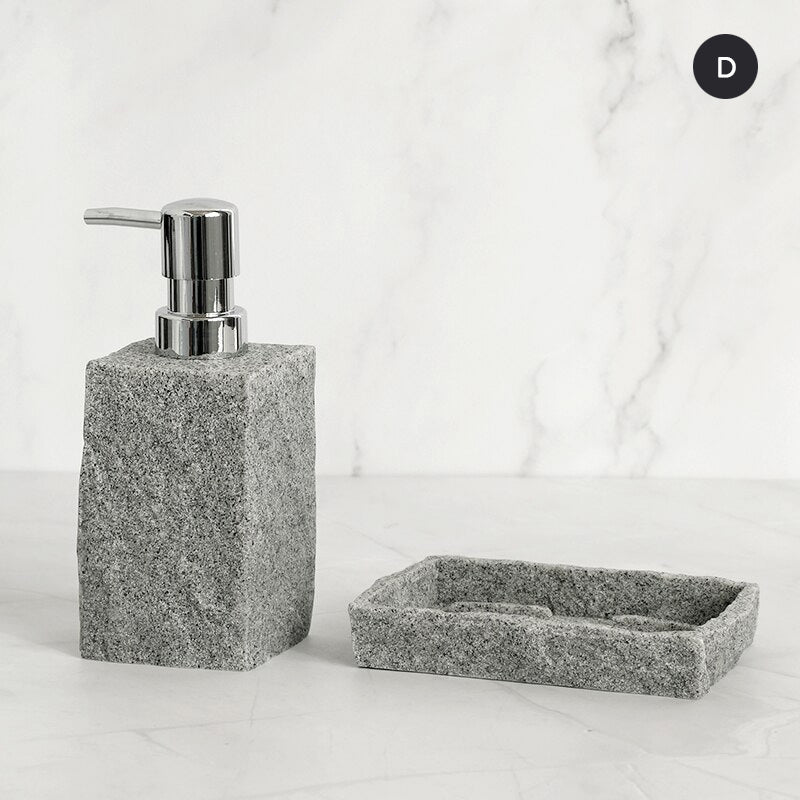Modern Gray Resin Granite Block Bathroom Accessories Toothbrush Holder Liquid Soap Dispenser Toilet Brush Holder For Washroom Bathroom Accessory Sets