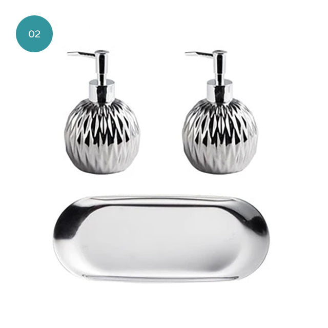 Modern Luxury Soap Dispenser Hand Sanitizer Shower Gel Shampoo Dispenser Ceramic Bathroom Accessories Set Stainless Steel Tray Available in Gold or Silver