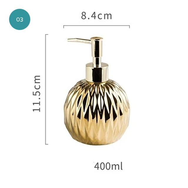 Modern Luxury Soap Dispenser Hand Sanitizer Shower Gel Shampoo Dispenser Ceramic Bathroom Accessories Set Stainless Steel Tray Available in Gold or Silver