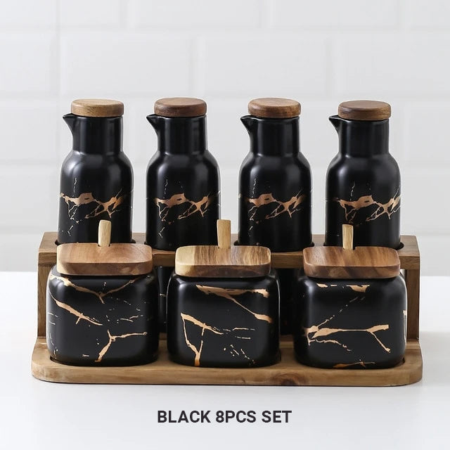 Nordic Style Marble Patterned Ceramic Kitchen Storage Jars Serving Pots With Wooden Lid Creative Stylish Kitchen Accessories Modern Home Decor