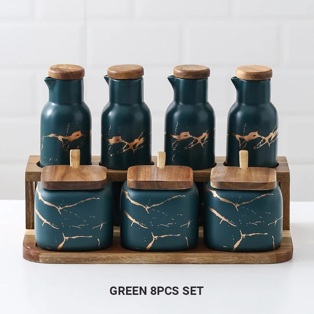 Nordic Style Marble Patterned Ceramic Kitchen Storage Jars Serving Pots With Wooden Lid Creative Stylish Kitchen Accessories Modern Home Decor