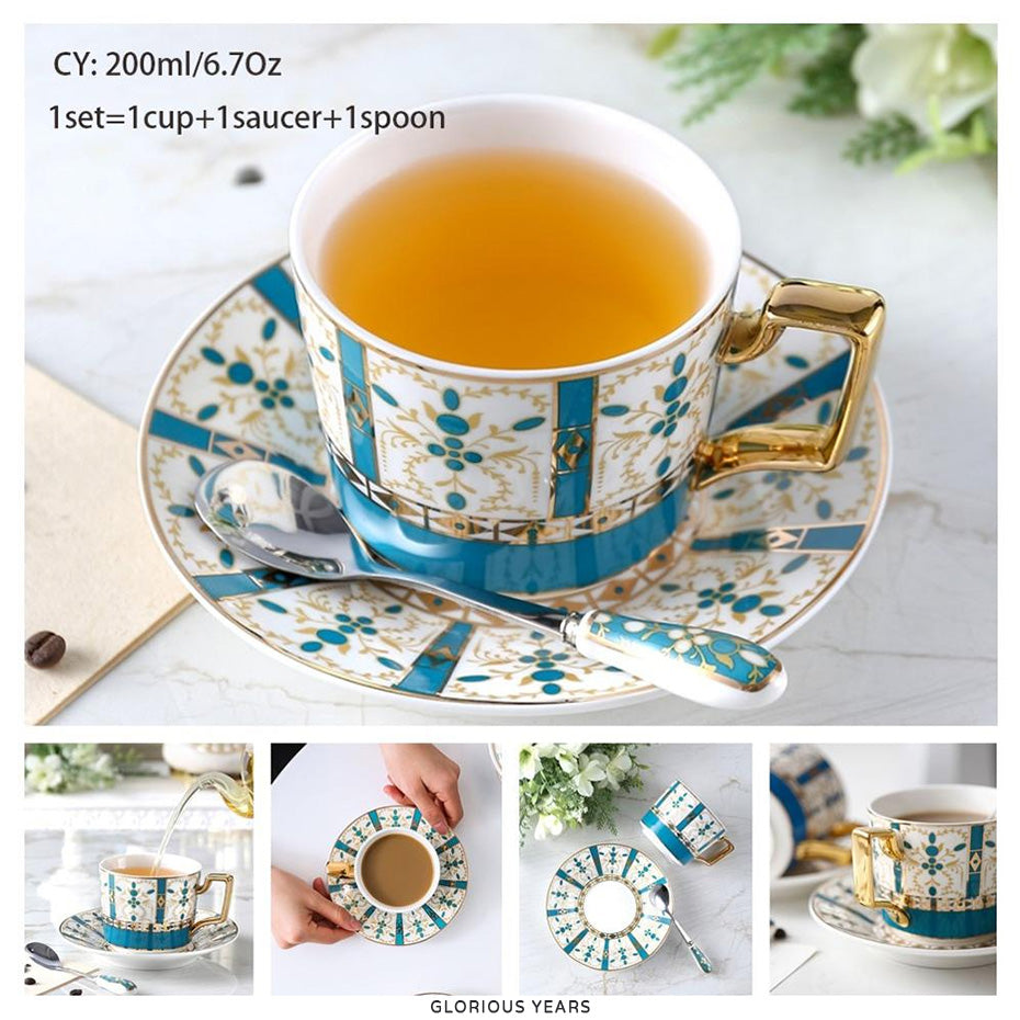 Premium Royal Classic Bone China Teacup Set With Saucer Spoon Luxury Regal Classic Retro Vintage Tea Cups For Kitchen Teaware Teacups 200ml