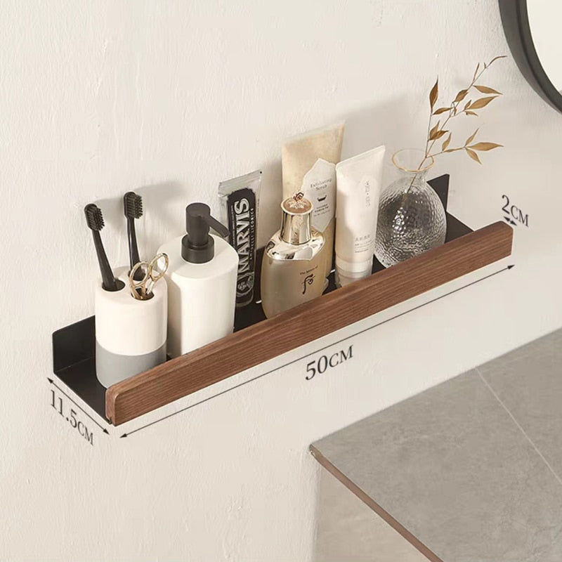 Modern Bathroom Shelf Solid Wood & Aluminium Racking For Cosmetics Shampoo Storage Washroom Kitchen All Purpose Wood Metal Shelving