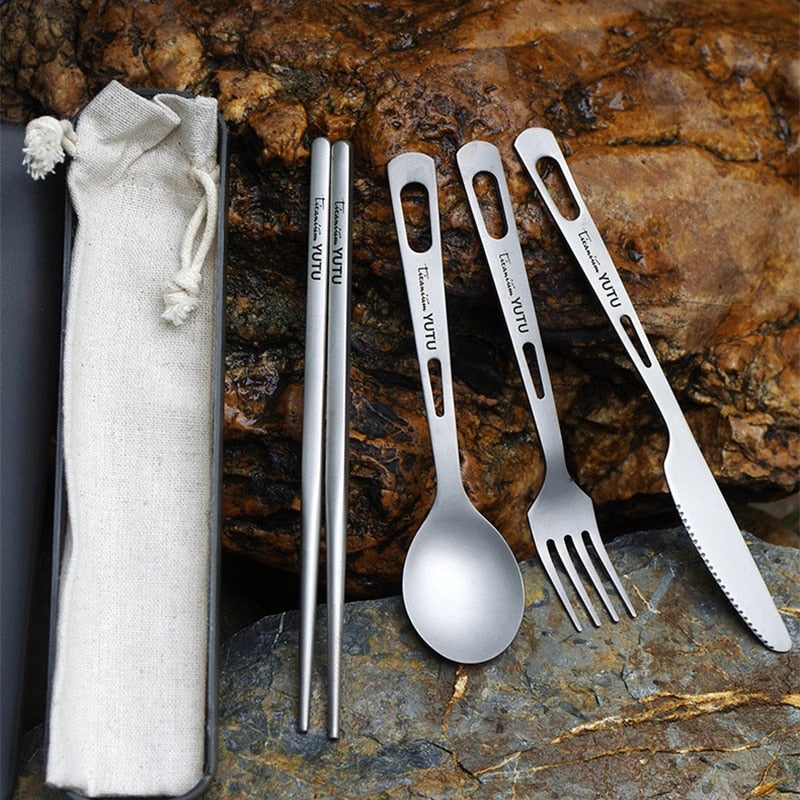 Pure Titanium Portable Tableware Set Frosted Titanium Knife Fork Spoon Chopsticks Cutlery For Camping Travel Survival Etc