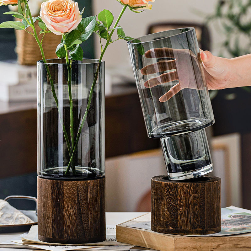 hydroponic plant vase Elegant Nordic Hydroponic Plant Glass Vase with Durable Wood Base