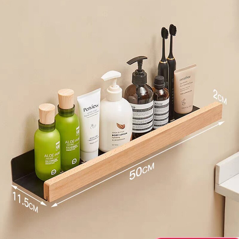 Modern Bathroom Shelf Solid Wood & Aluminium Racking For Cosmetics Shampoo Storage Washroom Kitchen All Purpose Wood Metal Shelving