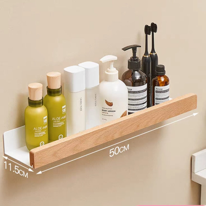 Modern Bathroom Shelf Solid Wood & Aluminium Racking For Cosmetics Shampoo Storage Washroom Kitchen All Purpose Wood Metal Shelving