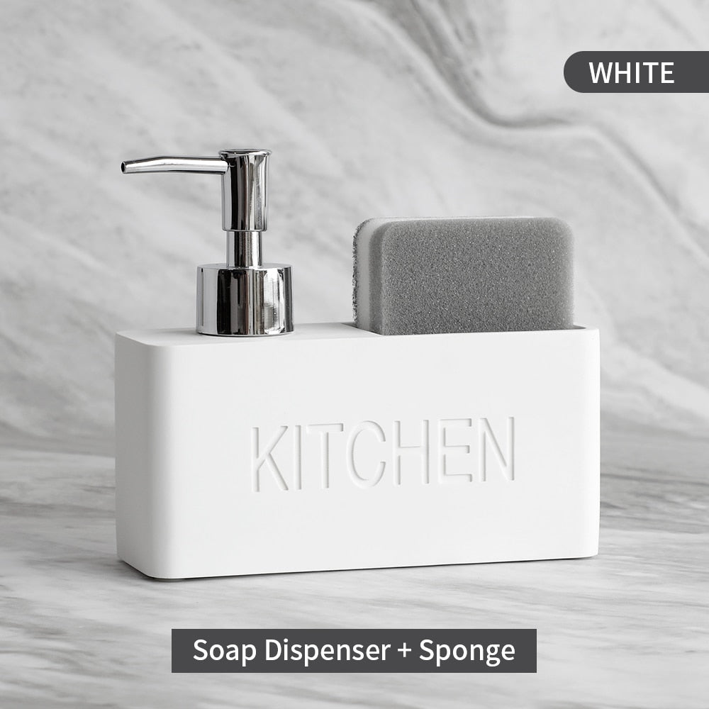 Modern Kitchen Soap Dispenser With Scrubber Housing Contoured Hand Finished Resin Block Hand Wash Liquid Pump Soap Dispenser For Kitchen