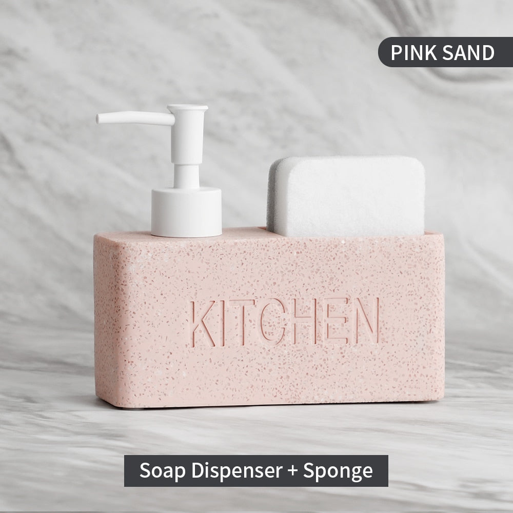 Modern Kitchen Soap Dispenser With Scrubber Housing Contoured Hand Finished Resin Block Hand Wash Liquid Pump Soap Dispenser For Kitchen