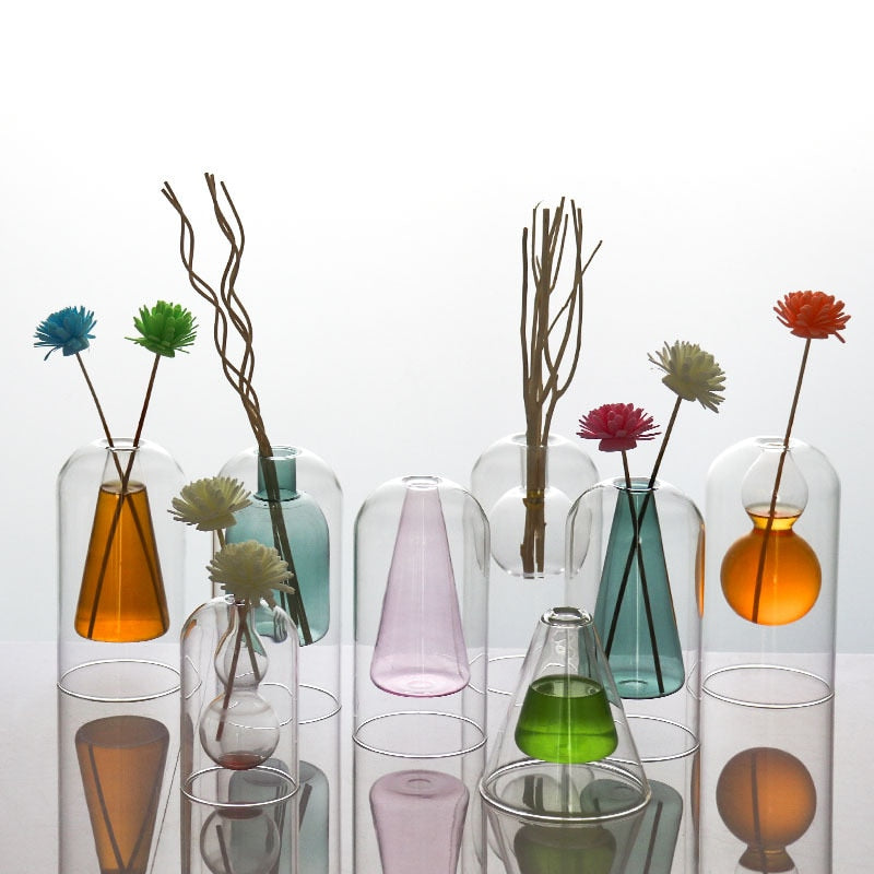 Modern Colorful Abstract Handcrafted Double-Layer Glass Vase for Hydroponic Plants and Flowers