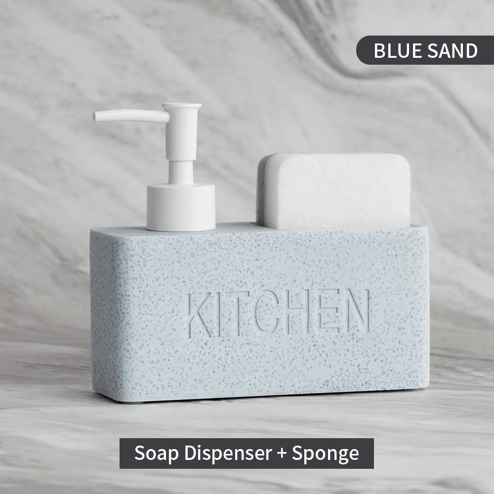 Modern Kitchen Soap Dispenser With Scrubber Housing Contoured Hand Finished Resin Block Hand Wash Liquid Pump Soap Dispenser For Kitchen