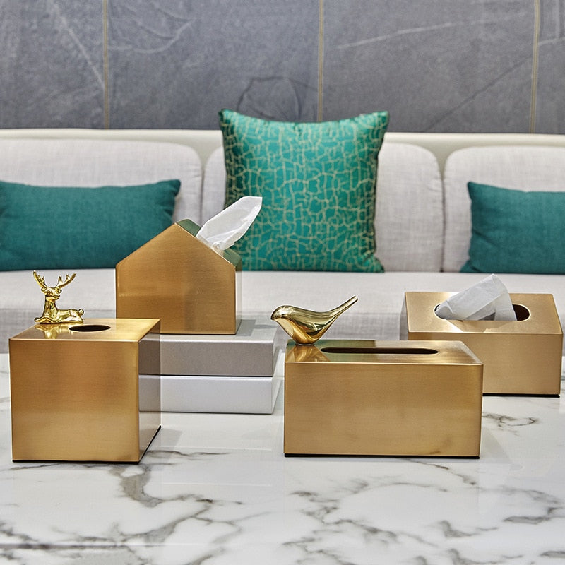 Light Luxury Golden Brass Crafted Tissue Box Modern Geometric Square Housing For Tissues Napkins Etc Living Room Dining Room Decor