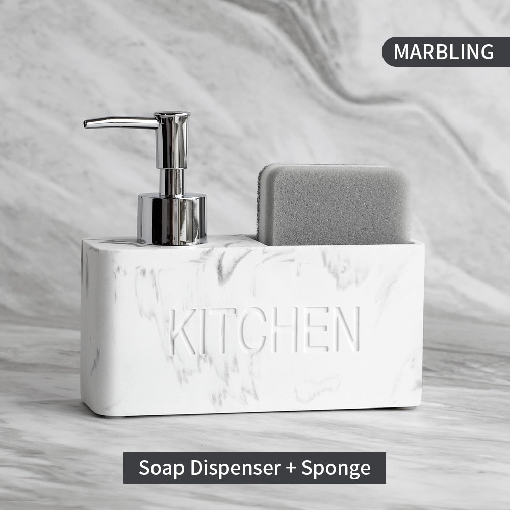 Modern Kitchen Soap Dispenser With Scrubber Housing Contoured Hand Finished Resin Block Hand Wash Liquid Pump Soap Dispenser For Kitchen