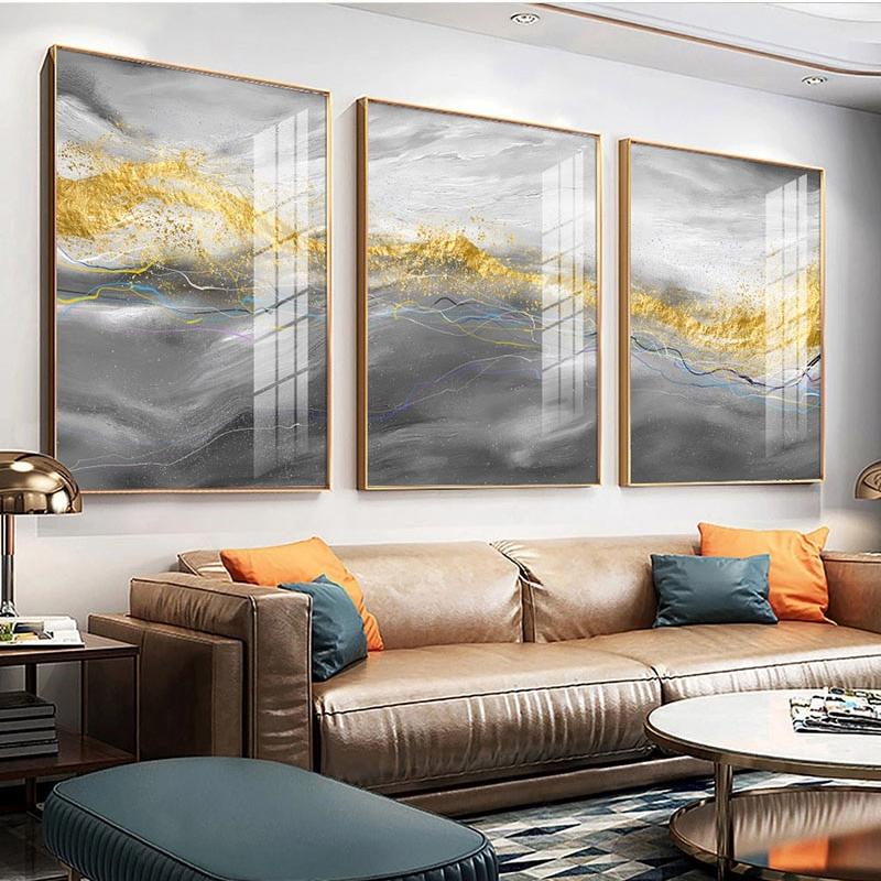 Stormy Weather Gray Golden Clouds Fine Art Canvas Prints Modern Abstract Wall Art Pictures For Loft Apartment Living Room Bedroom Home Office Interior Decor