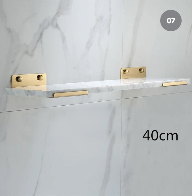 White Marble Bathroom Shelf For Cosmetics Gold Bath Shower Shelving Wall Mounted Elegant Marble Slab Modern Luxury Brass Fittings Bathroom Storage