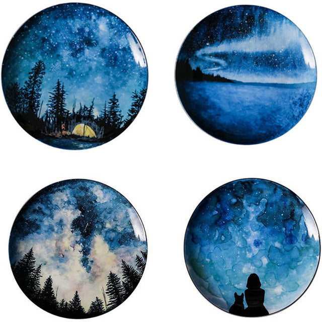 Deep Blue Starry Night Skies Designer Handmade Bone China Modern Ceramic Tableware Breakfast And Dinner Plates