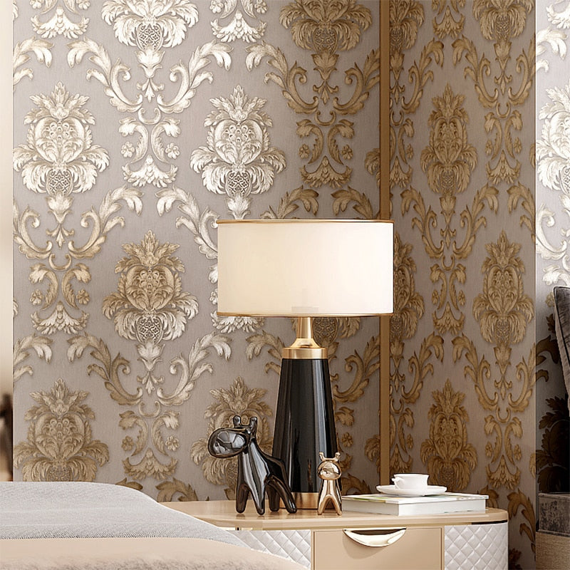 Luxury Gold Damask Wallpaper Textured Embossed Vinyl Wall Covering Classic Home Decor Beige-Grey Background & Gold Motif