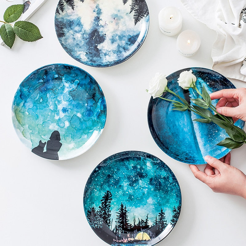 Deep Blue Starry Night Skies Designer Handmade Bone China Modern Ceramic Tableware Breakfast And Dinner Plates