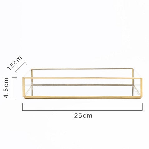 Glass & Brass Geometric Square Tray Nordic Style Geometric Design Makeup Storage Tray Metal Jewelry Display Box Glam Home Decor