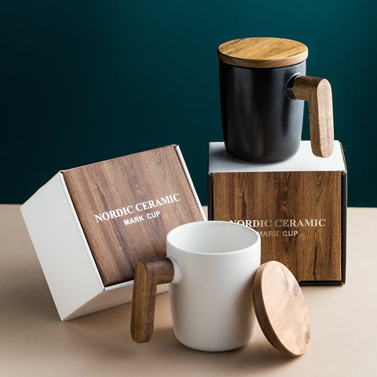 Nordic Coffee Cup Ceramic With Wooden Handle + Cover Scandinavian Retro Design Coffee Mug Gift Box Set For Coffee Lovers