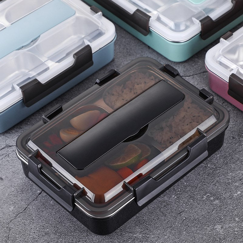 Stainless Steel Leak-Proof Lunch Box Partitioned Meal Container With Spoon Portable Dinnerware Bento Box Lunch Boxes For Travel Picnics
