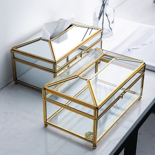 Luxury Handmade Nordic Tissue Box Metal Brass And Glass Mirror Decorative Napkin Dispenser For Table Desktop Storage Box For Cosmetics Makeup Accessories etc