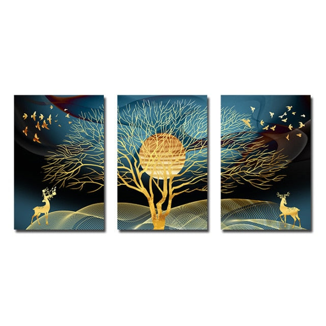 Golden Deer In The Moonlit Forest Auspicious Wall Art Fine Art Canvas Prints Modern Abstract Landscape Pictures For Luxury Living Room Dining Room Art Decor