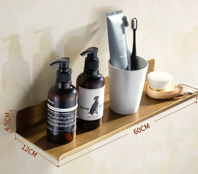 Antique Brass Shelf Shower Rack Modern Stylish Shelving For Washroom Single Tier Cosmetics Shelf For Bathroom Polished Finished Copper Brass Washroom Fittings