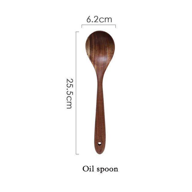 Bali Teak Handmade Natural Wood Kitchen Utensil Tableware Tool Set Cooking Baking Mixing Spoon Ladle Rice Colander Soup Skimmer
