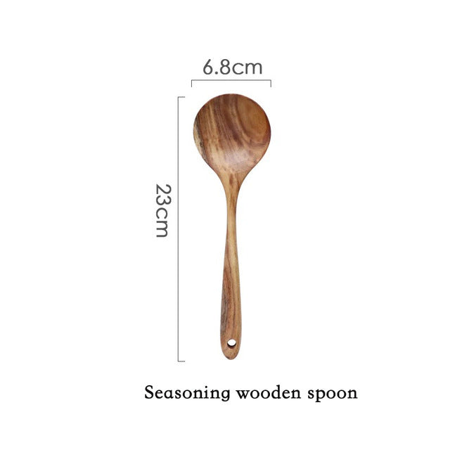 Bali Teak Handmade Natural Wood Kitchen Utensil Tableware Tool Set Cooking Baking Mixing Spoon Ladle Rice Colander Soup Skimmer
