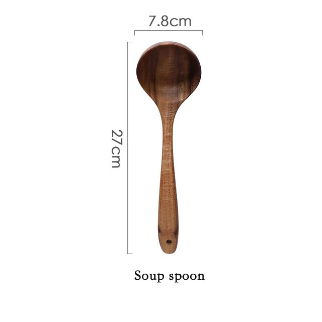 Bali Teak Handmade Natural Wood Kitchen Utensil Tableware Tool Set Cooking Baking Mixing Spoon Ladle Rice Colander Soup Skimmer