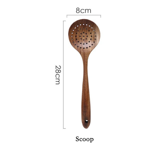 Bali Teak Handmade Natural Wood Kitchen Utensil Tableware Tool Set Cooking Baking Mixing Spoon Ladle Rice Colander Soup Skimmer