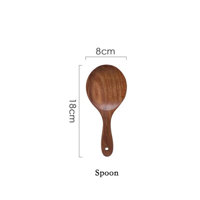 Bali Teak Handmade Natural Wood Kitchen Utensil Tableware Tool Set Cooking Baking Mixing Spoon Ladle Rice Colander Soup Skimmer