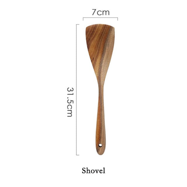Bali Teak Handmade Natural Wood Kitchen Utensil Tableware Tool Set Cooking Baking Mixing Spoon Ladle Rice Colander Soup Skimmer