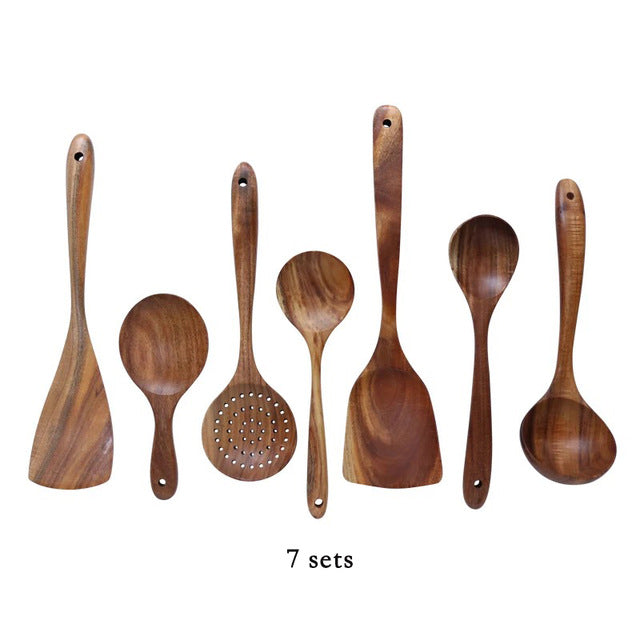 Bali Teak Handmade Natural Wood Kitchen Utensil Tableware Tool Set Cooking Baking Mixing Spoon Ladle Rice Colander Soup Skimmer