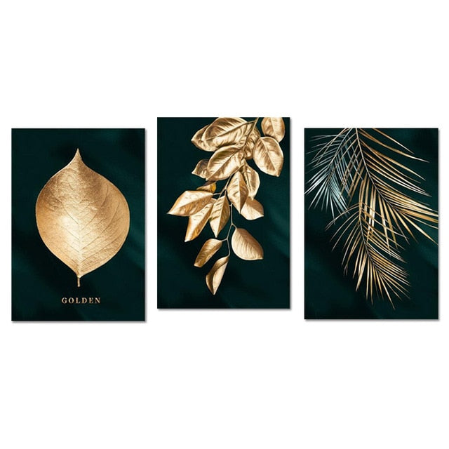 Golden Leaves Wall Art Minimalist Abstract Botanical Fine Art Canvas Prints Modern Pictures For Living Room Dining Room Hotel Home Office Interior Decor