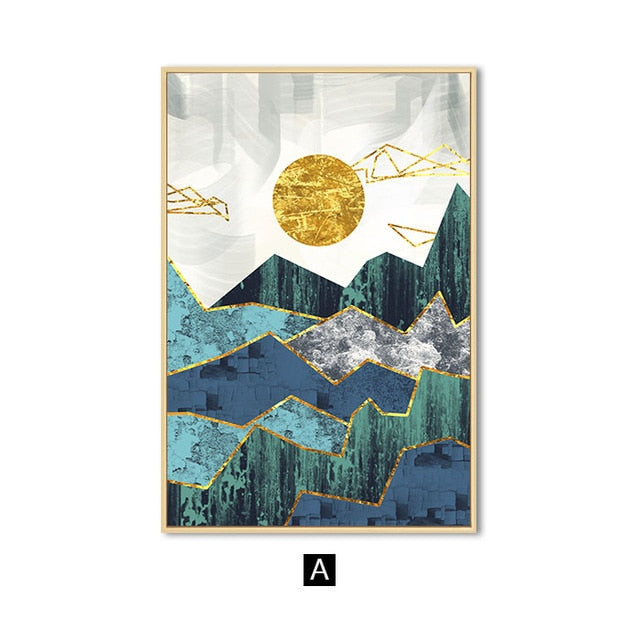 Nordic Abstract Golden Sun Landscape Wall Art Fine Art Canvas Prints Modern Scandinavian Geometric Mountain Pictures For Living Room Home Office Decor