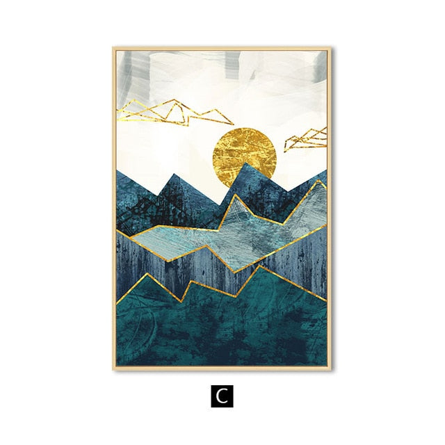 Nordic Abstract Golden Sun Landscape Wall Art Fine Art Canvas Prints Modern Scandinavian Geometric Mountain Pictures For Living Room Home Office Decor