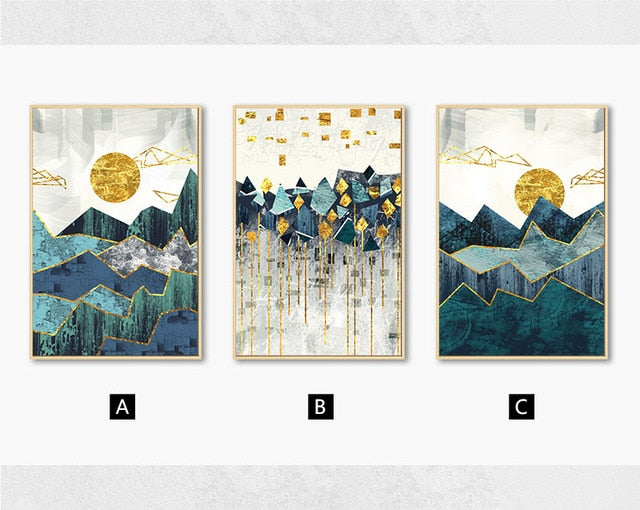 Nordic Abstract Golden Sun Landscape Wall Art Fine Art Canvas Prints Modern Scandinavian Geometric Mountain Pictures For Living Room Home Office Decor