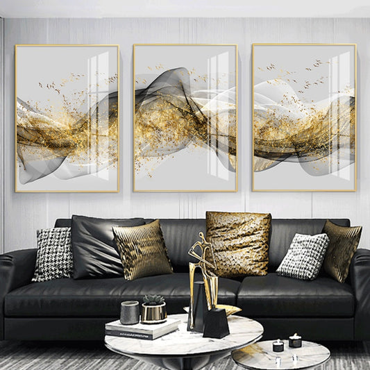 Golden Mountain Abstract Wall Art Fine Art Canvas Print Minimalist White Black Geometric Flowing Design Luxury Pictures For Modern Loft Apartment Living Room Office Wall Art Decor