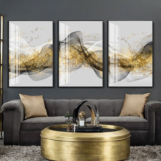 Golden Mountain Abstract Wall Art Fine Art Canvas Print Minimalist White Black Geometric Flowing Design Luxury Pictures For Modern Loft Apartment Living Room Office Wall Art Decor