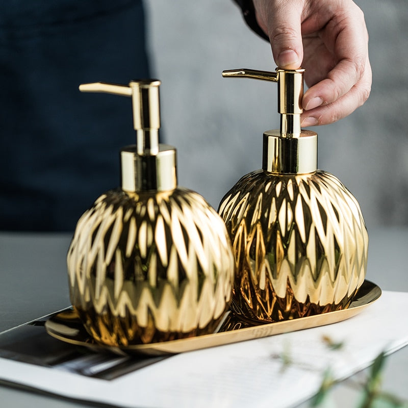 Modern Luxury Soap Dispenser Hand Sanitizer Shower Gel Shampoo Dispenser Ceramic Bathroom Accessories Set Stainless Steel Tray Available in Gold or Silver