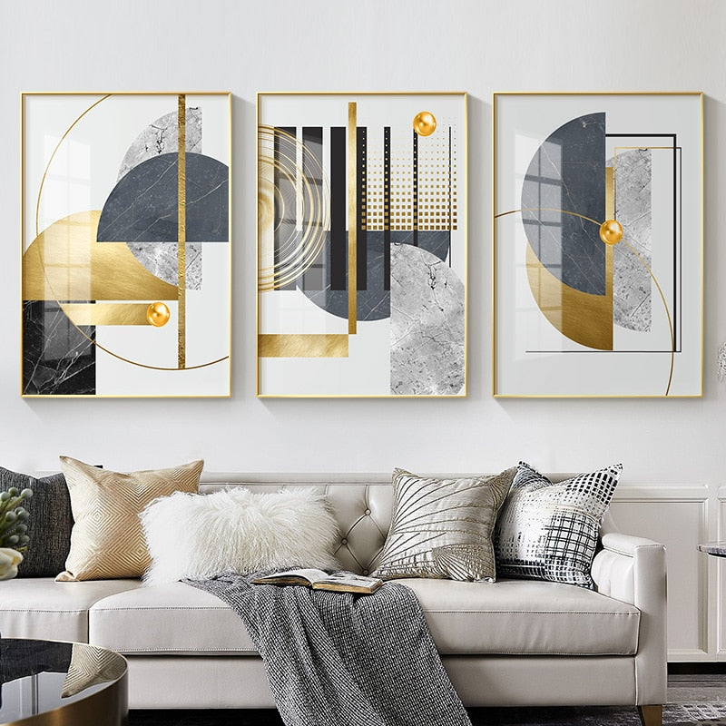 Modern Abstract Gray Golden Geometric Wall Art Fine Art Canvas Prints Pictures For Luxury Loft Living Room Contemporary Home Office Interior Decor