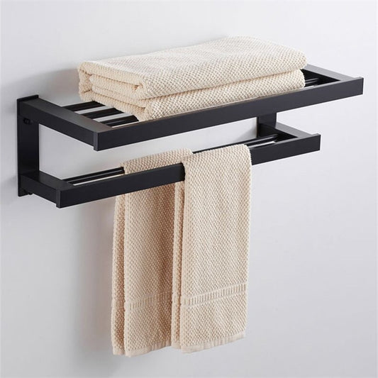 Matt Black Bathroom Towel Rack Wall Mounted Shelf With Twin Tier Towel Rails Modern Angular Design Polished Aluminum Finish Premium Bathroom Hardware