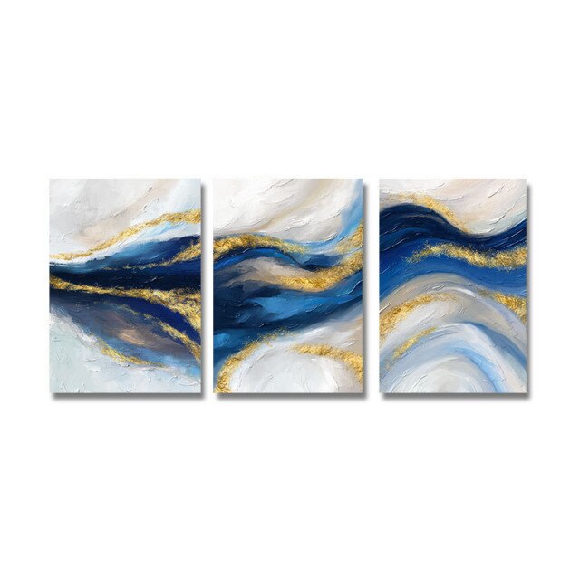 Flowing River Shades Of Blue Golden Wall Art Abstract Fine Art Canvas Prints Minimalist Pictures For Living Room Bedroom Home Office Interior Decor