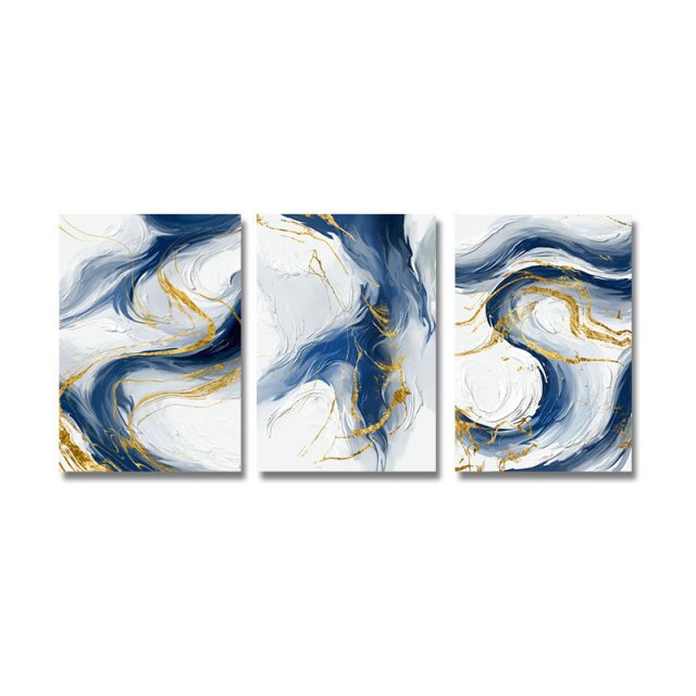 Ocean Blue Golden Cloud Swirls Modern Abstract Minimalist Wall Art For Luxury Apartment Living Room Boardroom Home Office Art Decor